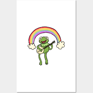 frog with banjo under rainbow Posters and Art